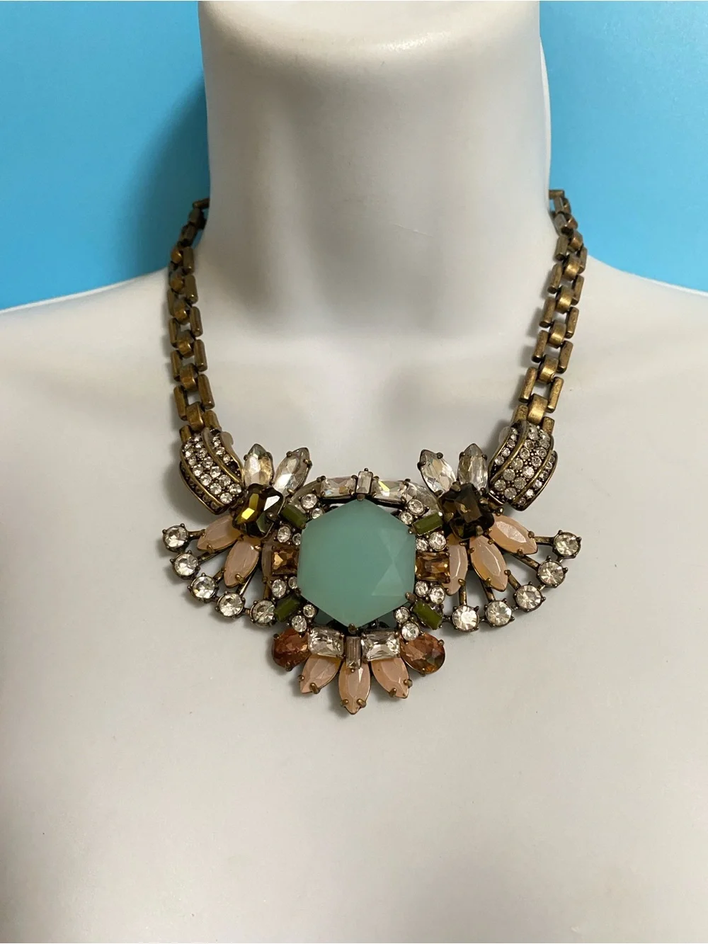 J. CREW Antiqued Gold Chain Floral Crystal Rhinestone Light Blue Necklace